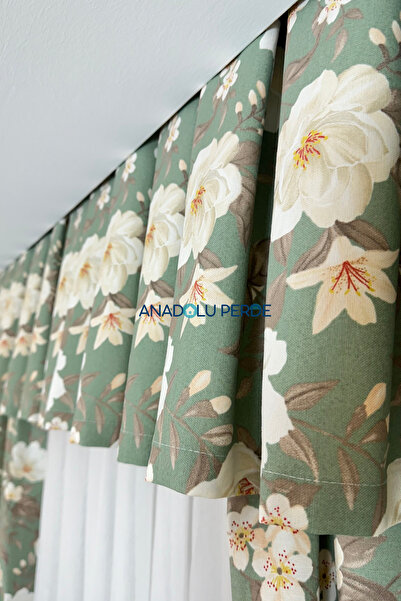 GLOMAR Mutfak Perdesi Sık Pile 1/3 Orkide Yeşil Zemin Farbelalı Korniş Kısa Fon Perde Modern