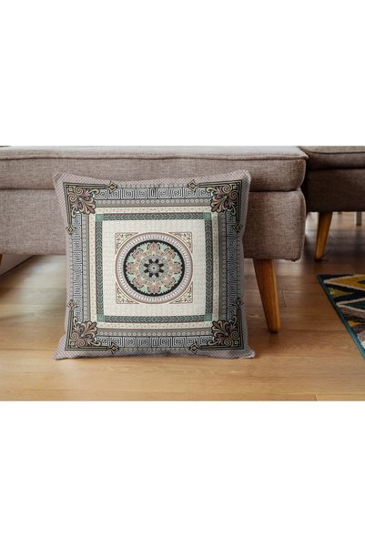 CİMENS Beige Cream Colored 4-Seat Gift Sofa - Digital Printed and Uzbek Patterned