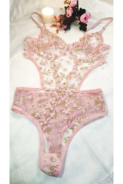 ARONA N&b Pink Floral Lace Brocade Sexy Bodysuit