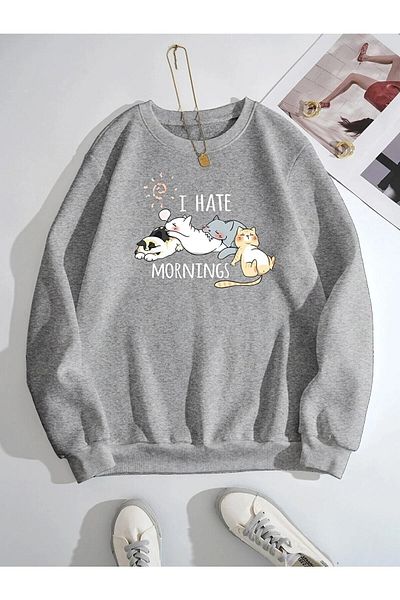 Pink Sky Black Sleeper Cat's Printed Oversize Crew Neck Sweatshirt