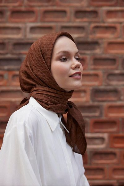 Şalland Brown Viscose Jacquard Patterned Scarf