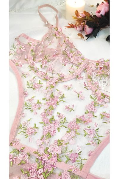 ARONA N&b Pink Floral Lace Brocade Sexy Bodysuit
