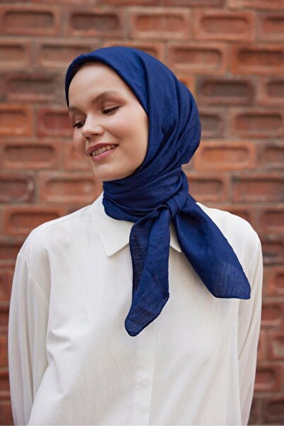 Şalland Navy Blue Viscose Jacquard Frame Patterned Scarf