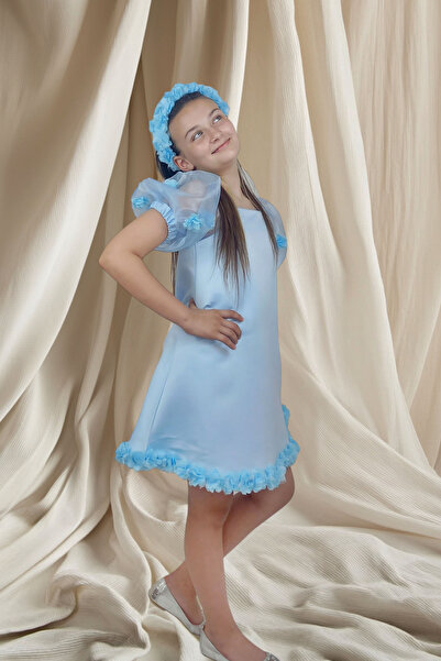 GİST KIZ ÇOCUK MAVİ ŞİFON BALON KOL SATEN ABİYE