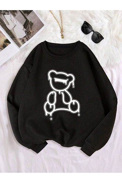 Pink Sky White Bear Printed Oversize Crew Neck Sweatshirt