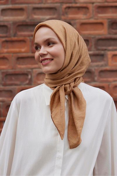 Şalland Camel Patterned Viscose Jacquard Frame Scarf