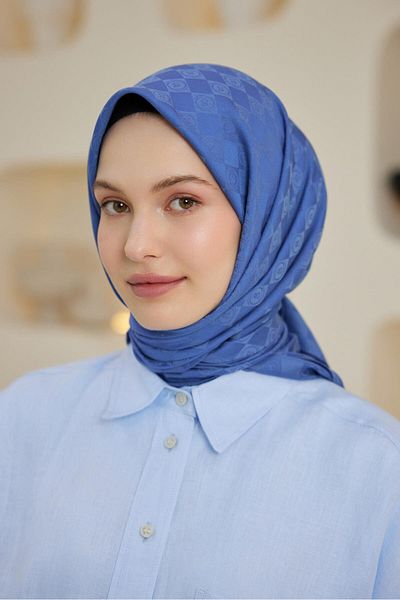 Şalland Jacquard Monogram Patterned Indigo Scarf