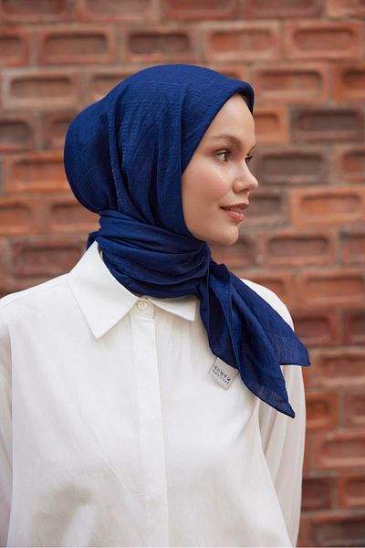 Şalland Navy Blue Viscose Jacquard Frame Patterned Scarf