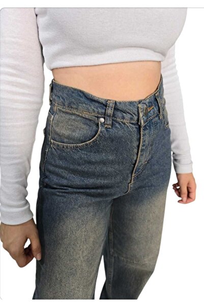 Livik Baggy Jeans Buckle Detailed Blue Top Green Tint Chemical Super High Waist Lycra Free