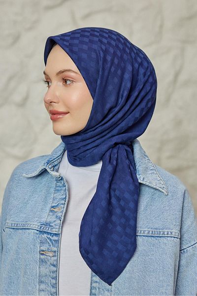 Şalland Dama Pattern Jacquard Scarf Navy Blue