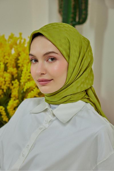 Şalland Apple Green Checkerboard Patterned Jacquard Scarf