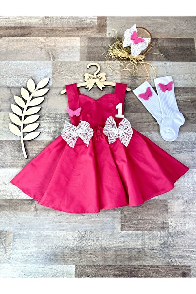 Feriatolye Kız bebek pembe elbise kelebek konseptli doğum günü kıyafeti