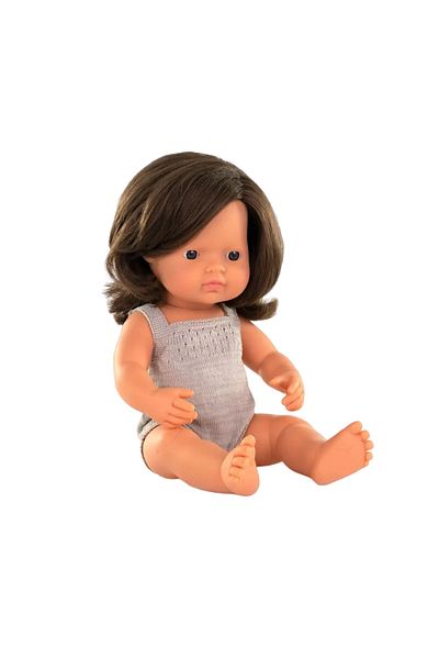 Miniland Papusa 38 cm, fetita europeana, imbracata in salopeta tricotata