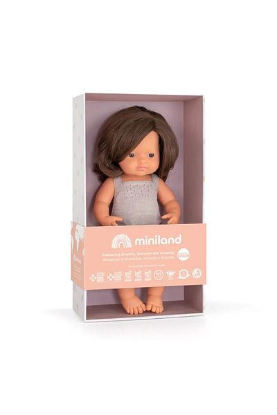 Miniland Papusa 38 cm, fetita europeana, imbracata in salopeta tricotata