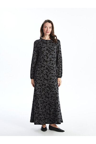 LC Waikiki LCW Grace Siyah Bisiklet Yaka Desenli Kadın Elbise