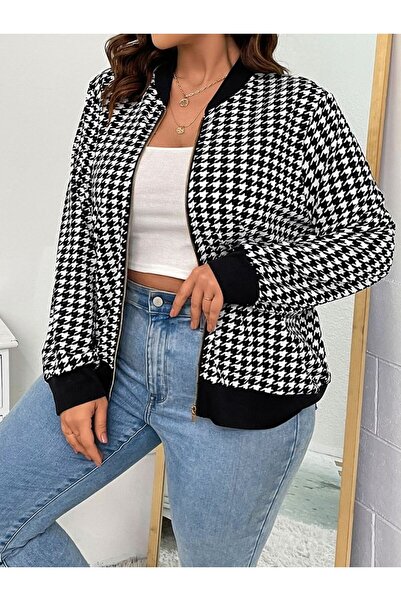 BY HANDE TASARIM Jachetă bomber cu model houndstooth, alb-negru, pentru femei