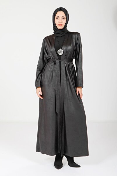 Beyza Deri Görünümlü Siyah Abaya 9074