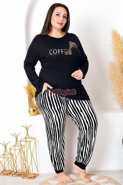 quilling Black Color, White Stripes Lady 11402 Women's Long Sleeve Plus Size Mother Pajamas Set