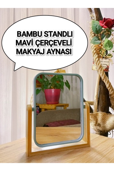 TARIK HOME Naturel Bambu Standlı Dikdörtgen Mavi Makyaj Aynası