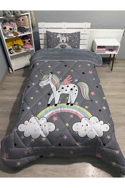 yok yok evim eve dair her şey طقم لحاف فردي من Welsoft Fluffy مزدوج الجوانب بنمط وحيد القرن