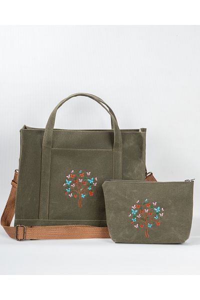 Wings Of Simurg Butikmutik - Khaki Waxed Canvas Set, Large Size Butterfly Embroidery Bag and Wallet