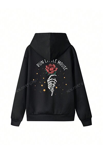 Pink Sky Φούτερ RUN LITTLE MOUSE με φλοράλ στάμπα μαύρη κουκούλα