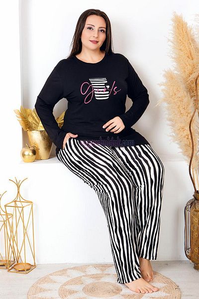 quilling Black - White Color, Striped Lady 11398 Women's Long Sleeve Plus Size Mother Pajamas Set