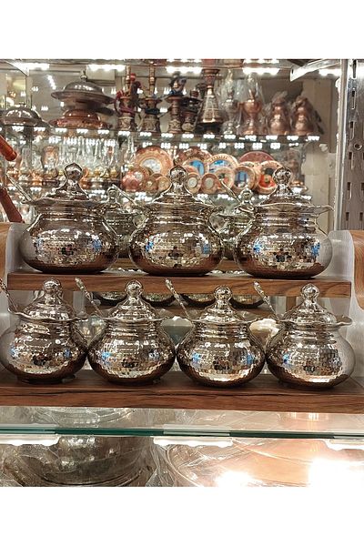 Bakır Center Copper Spice Rack 7-Piece Spice Rack Set with Spoon Copper Forged Stand Spice Rack Copper Storage Container