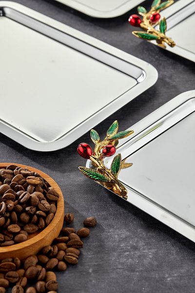 Milenay Elegante Noir Series, Chrome Presentation Promise Engagement Tray with Bacche Rosso Handle Pattern, 22X16Cm, 6 Pieces