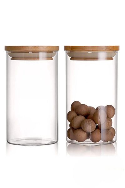 Open Home Concept 200ml Borosilicate Spice Rack - 12 Pieces Glass Vacuum Bamboo Lid Storage Container and Snack Bowl