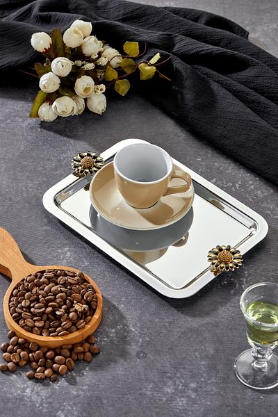Milenay Noir Elegant Duo Fiore Chrome Presentation Tray - Handle Pattern, 22X16Cm, Single Piece