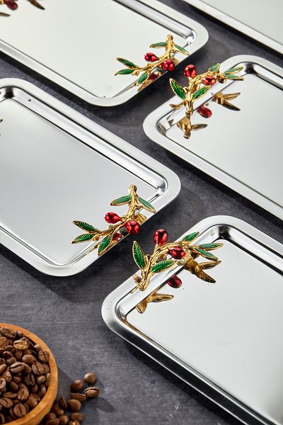 Milenay Elegante Noir Series, Duo Bacche Rosso Handle Patterned Chrome Presentation Promise Engagement Tray, 22X16Cm, 6 Pieces