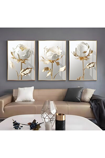EMYA HOME Metal Çerçeveli Üçlü Beyaz Güller Cam Tablo