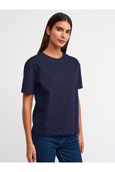 Dilvin 30312 Decorative Stitched Crew Neck T-shirt-Navy Blue