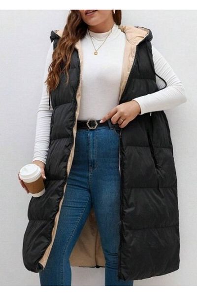 FOR ESRA BIG TREND Women's Plus Size Hooded Padded Puffer Long Woven Vest with Double-Sided Pockets