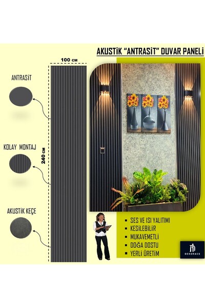 Home ACS 100x240 Antrasit Renk Akustik Ahşap Duvar Paneli