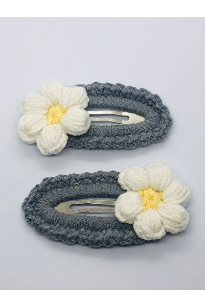 İnDerin Set de 2 agrafe de păr cu fixare rapidă, cu motiv floral gri (5 cm)