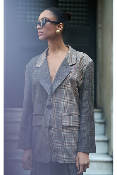 Quzu Brown Double Breasted Collar Blazer Jacket - Checked Design with Match Detail