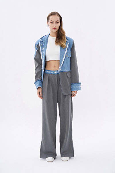 Quzu Сірі джинсові штани з принтом і розрізом на штанині