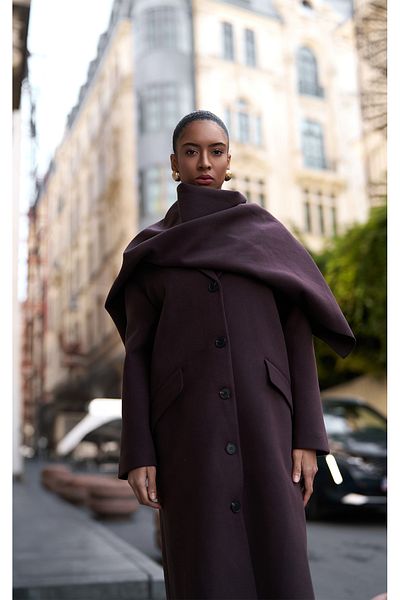 Quzu Double Breasted Collar Buttoned Long Coat Brown