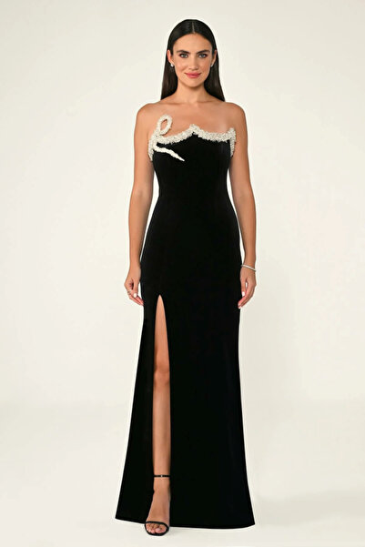 ALFABETA KADİFE YAKA TAŞ DETAYLI YIRTMAÇLI ŞIK ABİYE ELBİSE