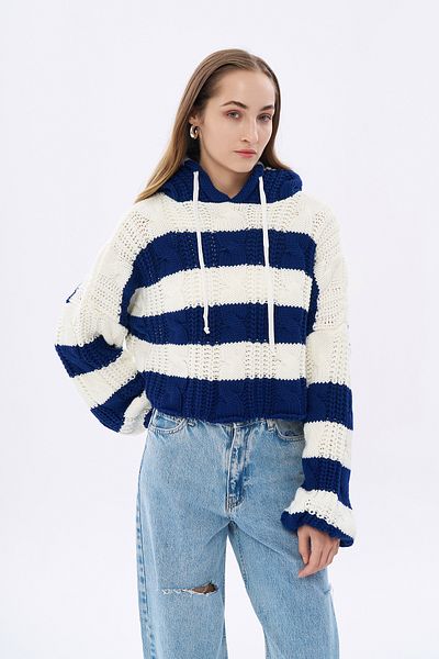 Quzu Navy Blue Crop Knitwear Sweater - Hooded Knit