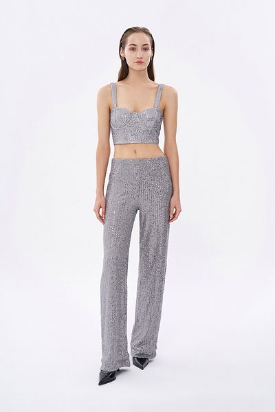 Quzu Gray Sequined Bustier Blouse