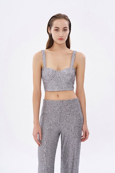 Quzu Gray Sequined Bustier Blouse