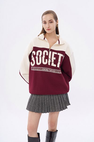 Quzu Beige Color Block Oversize Sweatshirt