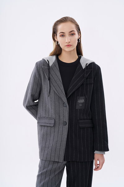 Quzu Çizgili Matchli Kapüşonlu Blazer Ceket Siyah