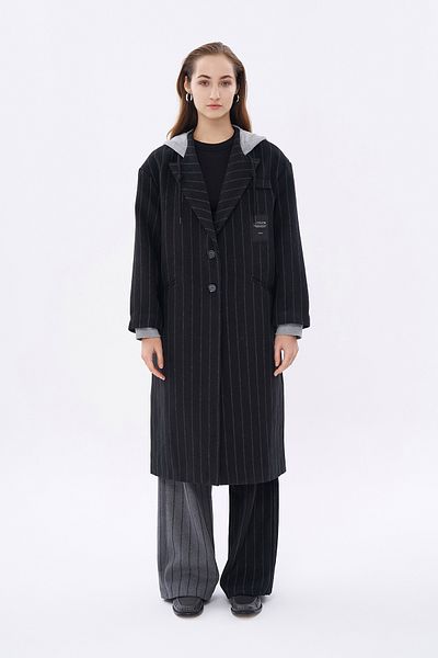 Quzu Black Hooded Stripe Detailed Coat