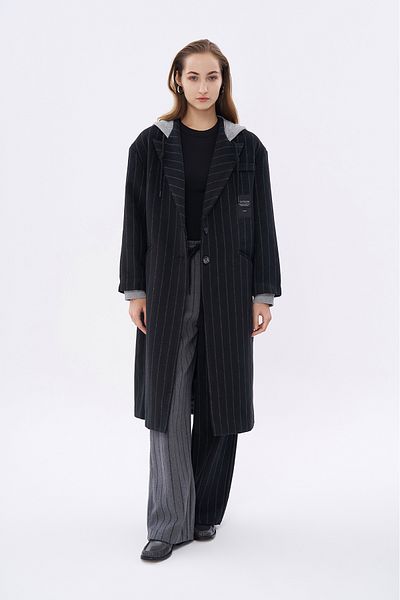 Quzu Black Hooded Stripe Detailed Coat
