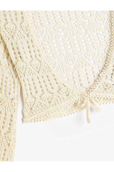 Koton Crop Ajurlu Hırka V Yaka Uzun Kollu