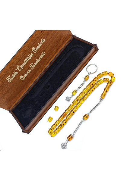 Selderesi Gömme Ahşap Kutulu Fosilli Beyrut Toz Kehribar Tesbih Anahtarlık Seti